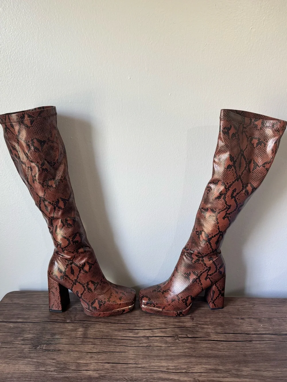 New Simmi London Wedge Hell Snake-Print Over-the-Knee Platform Boots in Brown